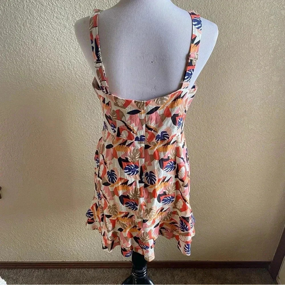Sadie and Sage Tahiti Floral Tropical Linen Mini Dress V Neck Ruffle Hem: Large - Picture 5 of 13